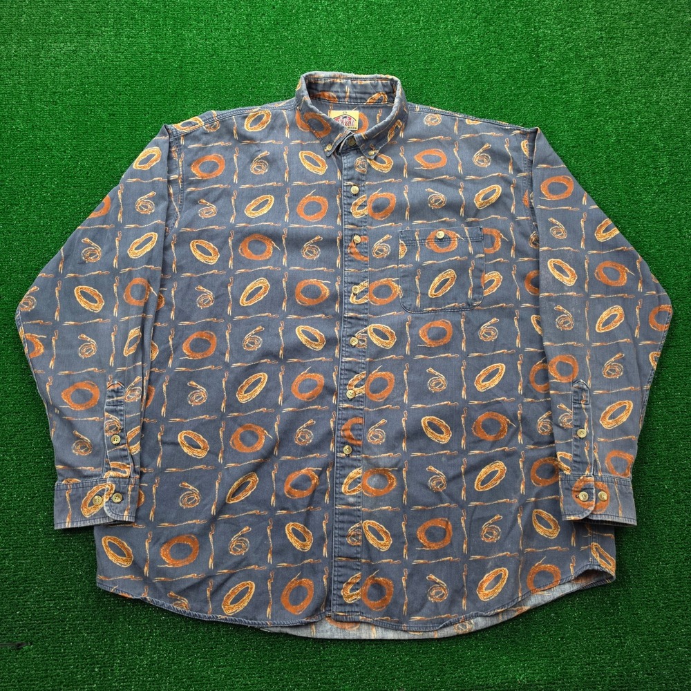 Barn Fly Western Rancher Shirt Mens XL Blue Long Sleeve Lasso Rope Geometric